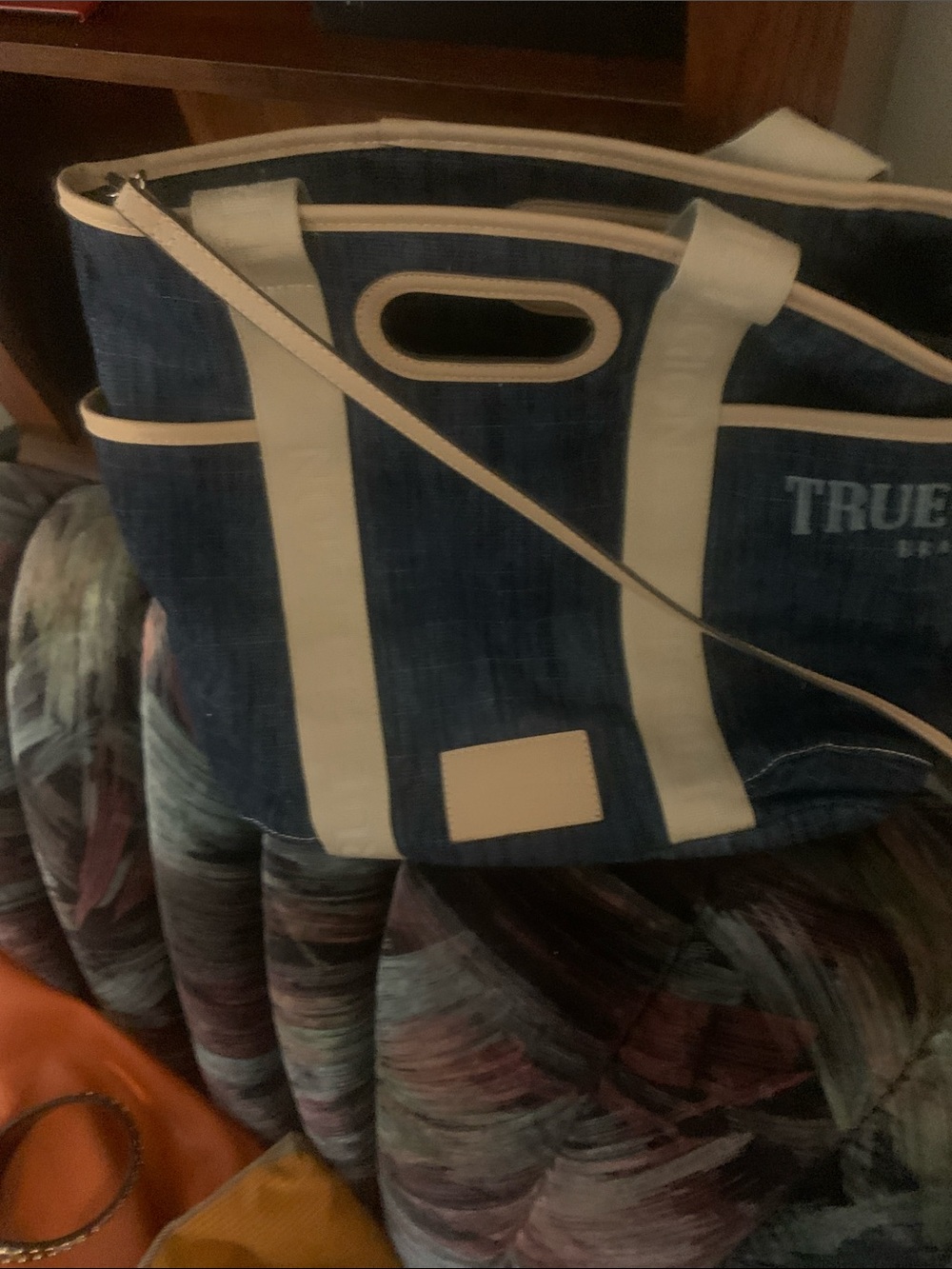 True Religion Blue Denim Tote with Cream Trim and Straps